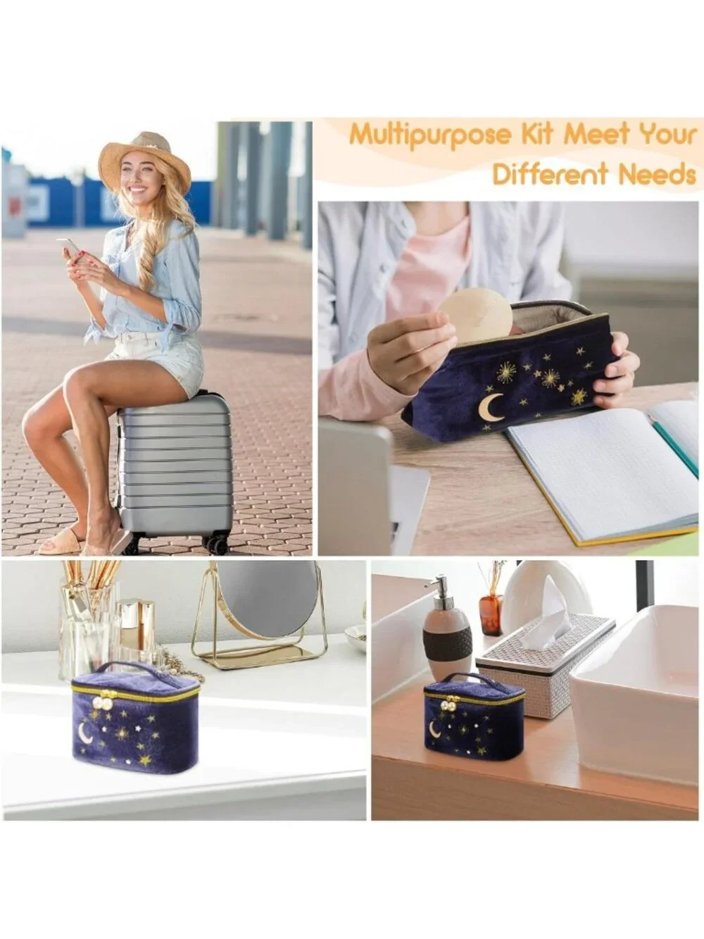 2 Pcs Velvet Cosmetic Bags - Moon & Stars Embroidered Travel Pouches for Women